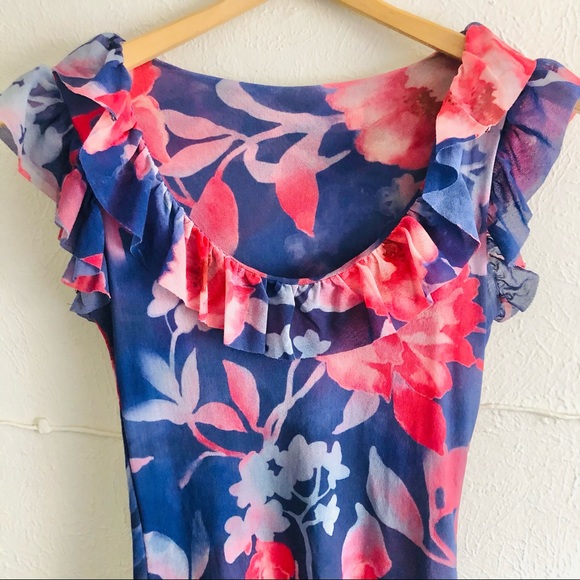 🔥SOLD🔥SWEET PEA Blue Pink Floral Printed Ruffle Tank Top - Picture 6 of 8